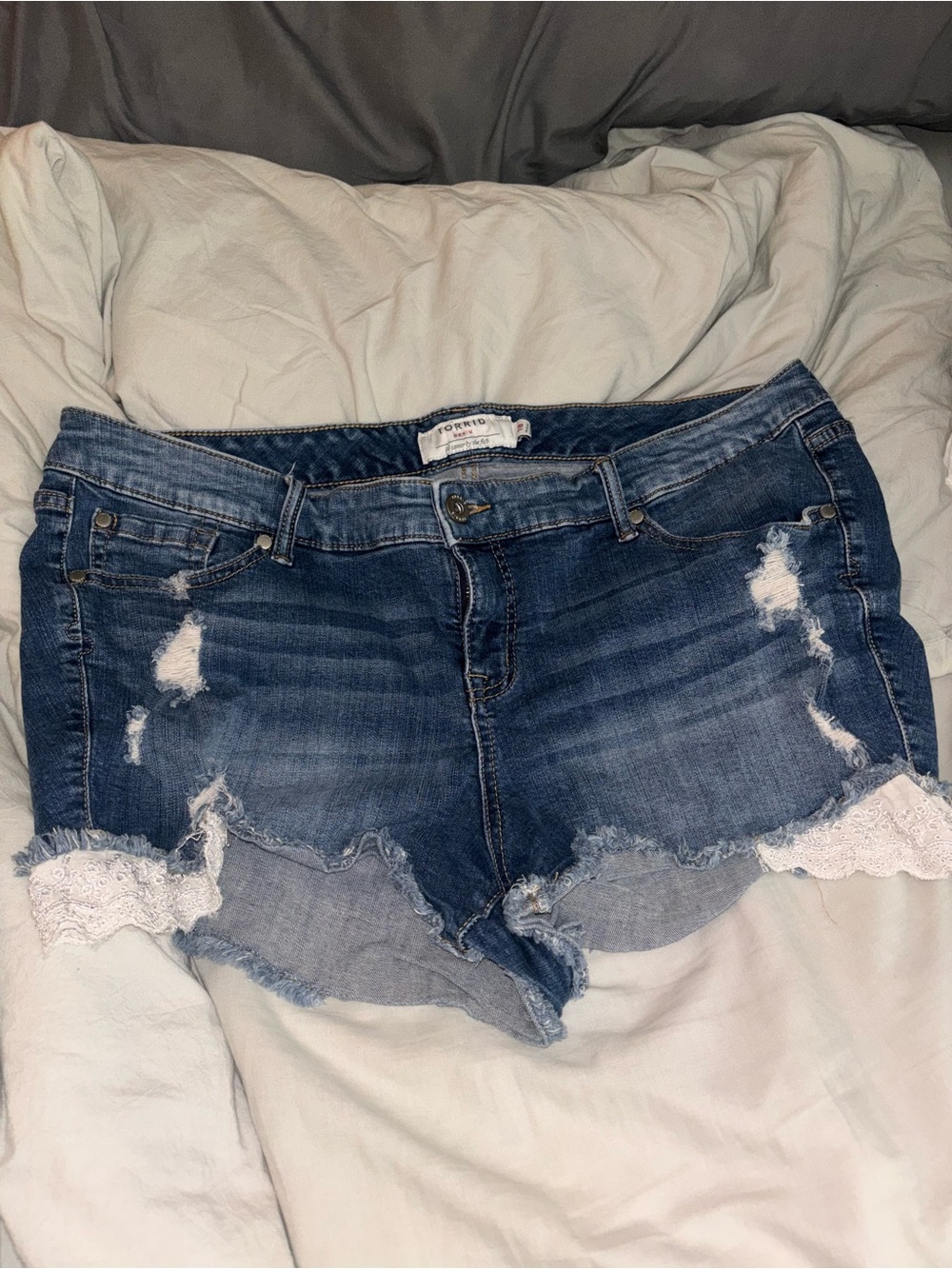 torrid Blue Distressed Denim Shorts with White Lace Trim - Picture 1 of 2